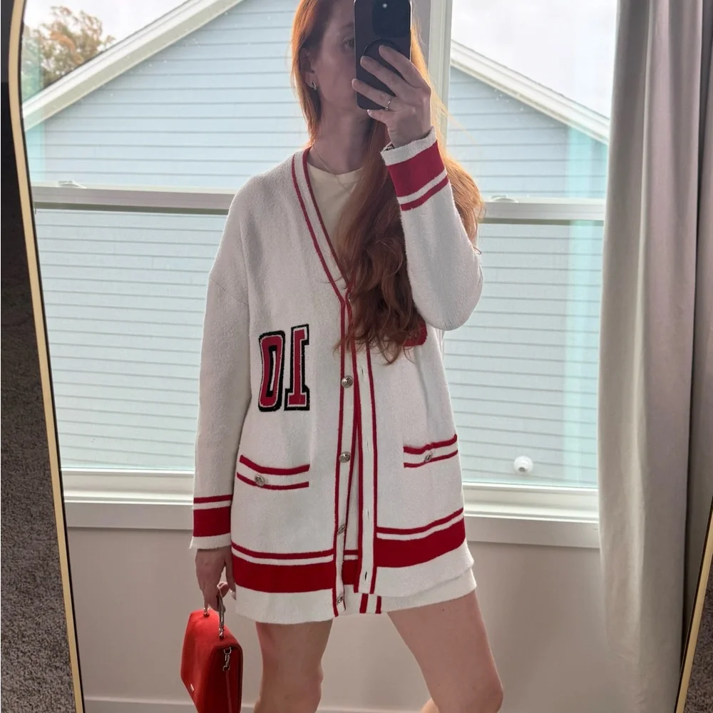 Maje Red and White Knit Cardigan and skirt top size 3, skirt size 36 - Picture 5 of 10